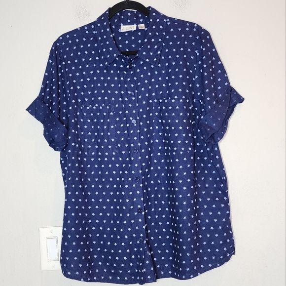 Joan Rivers Linen Star Print Blue White Short Sleee Button Shirt Women's Size L - Picture 7 of 16